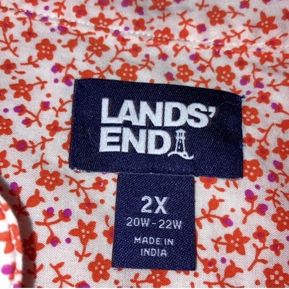 Lands’ End Size 2X Bright Orange Red White Micro Floral Tunic Split VNeck Blouse - Picture 4 of 4